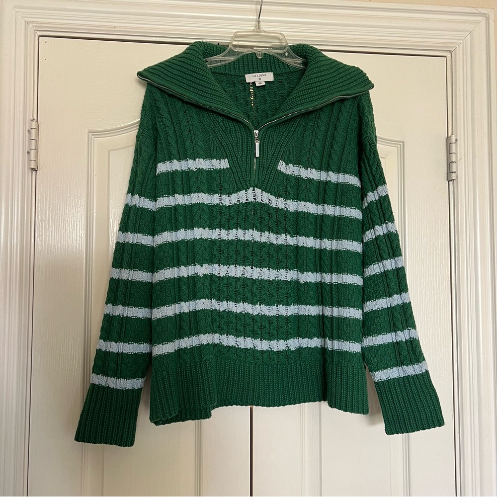 La Ligne x Target Green and Light Blue Striped Women's Cable Knit Sweater 1XL
